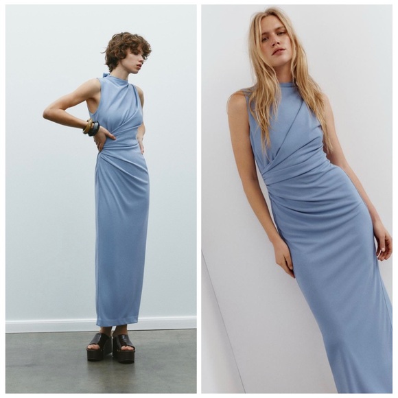 Zara Dresses & Skirts - Zara Draped Maxi Dress Dusty Blue Gray Sleeveless Back Slit Slim Fit Gown Sz S